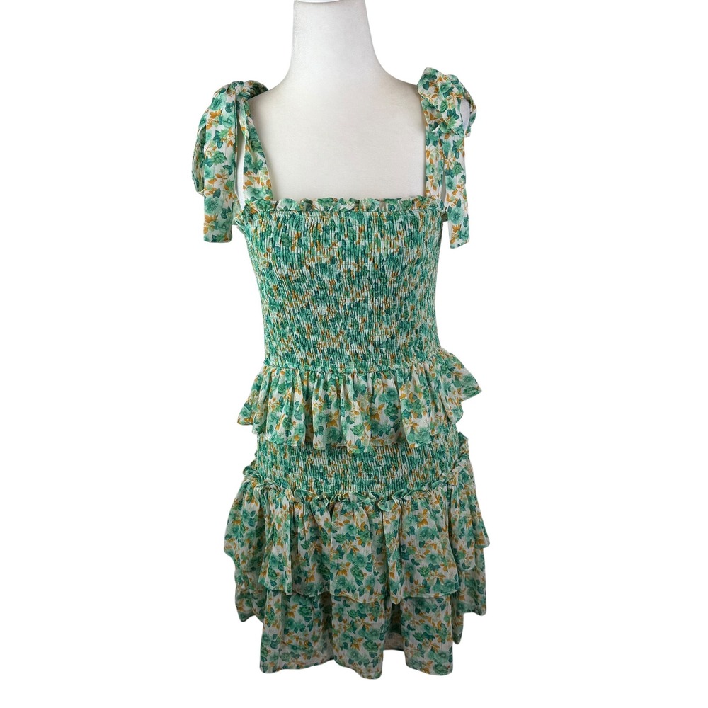TCEC Green Floral Smocked Tiered Mini Dress Large Cottage Coquette Stretch